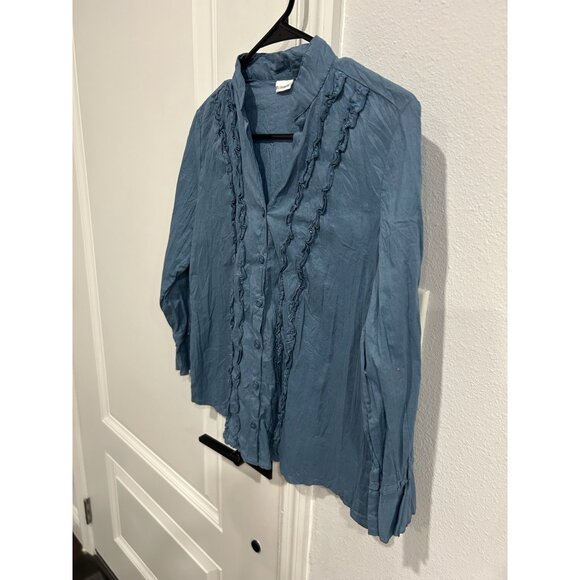 No Boundaries Button Front Ruffle Chambray Shirt Blue Embellished Career OffIce - Picture 3 of 9